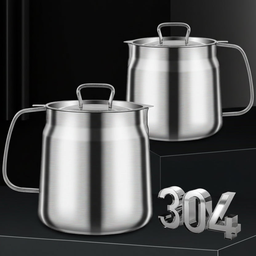 Two stainless steel pots with lids on a black background, featuring the number 304.