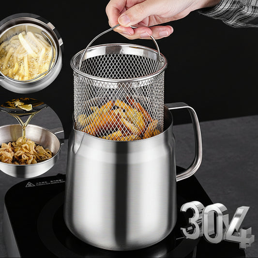 Stainless steel oil filter with fried food and oil on a black background