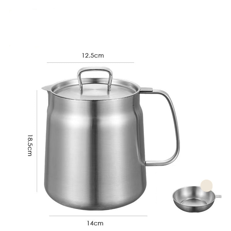 Stainless steel oil pot strainer with lid and filter on a white background