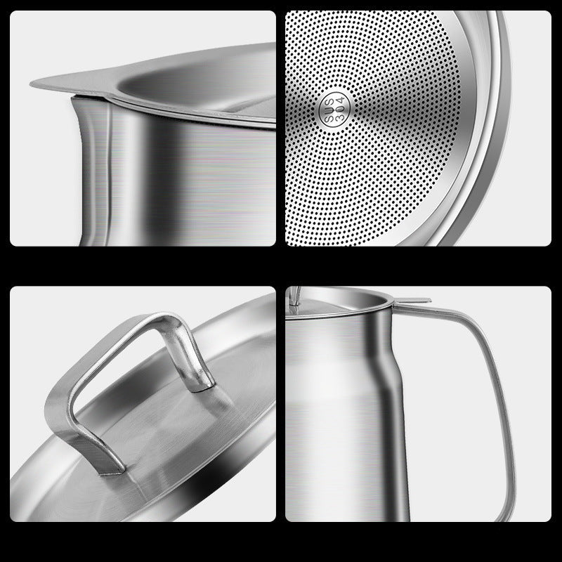 Collage of a stainless oil pot strainer with features highlighted.