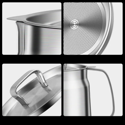 Collage of a stainless oil pot strainer with features highlighted.