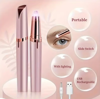Portable Electric Eyebrow Trimmer with lighting, slide switch, USB rechargeable features on a pink background.