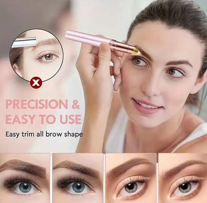 Woman using a brow grooming tool with close-up shots of the product and before/after effects on eyebrows.