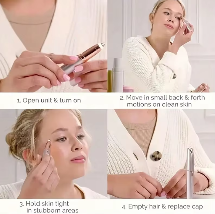 Instructions on using a Electric Eyebrow Trimmer device with a woman applying it to her face.