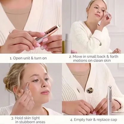 Instructions on using a Electric Eyebrow Trimmer device with a woman applying it to her face.