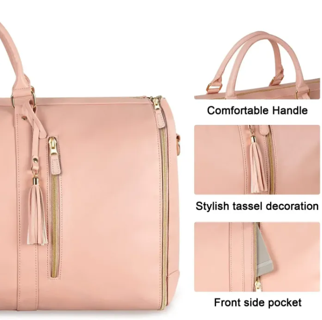 Pink foldable travel bag  with tassels and front side pocket on a white background