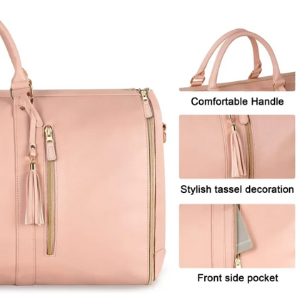 Pink foldable travel bag  with tassels and front side pocket on a white background