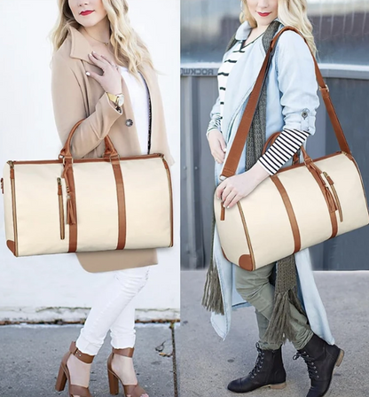 Two women holding a beige duffel bag with brown straps in different settings.