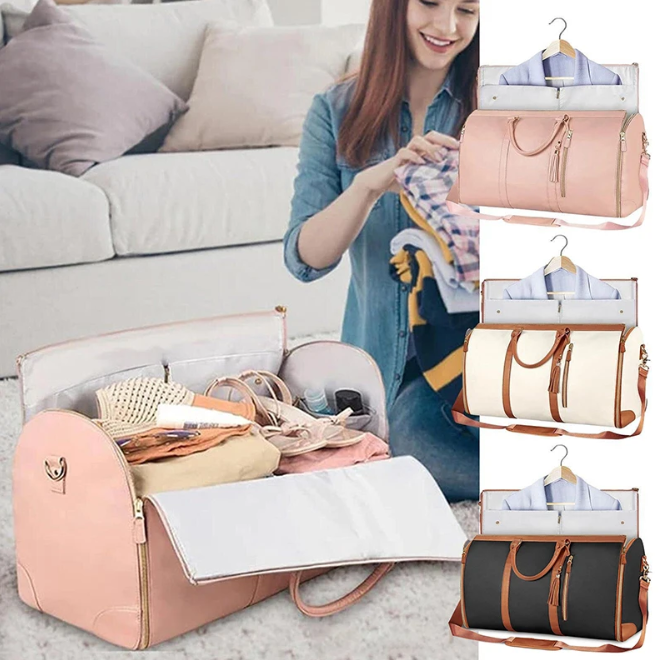 Woman packing a foldable travel bag with clothes, surrounded by images of different bags.
